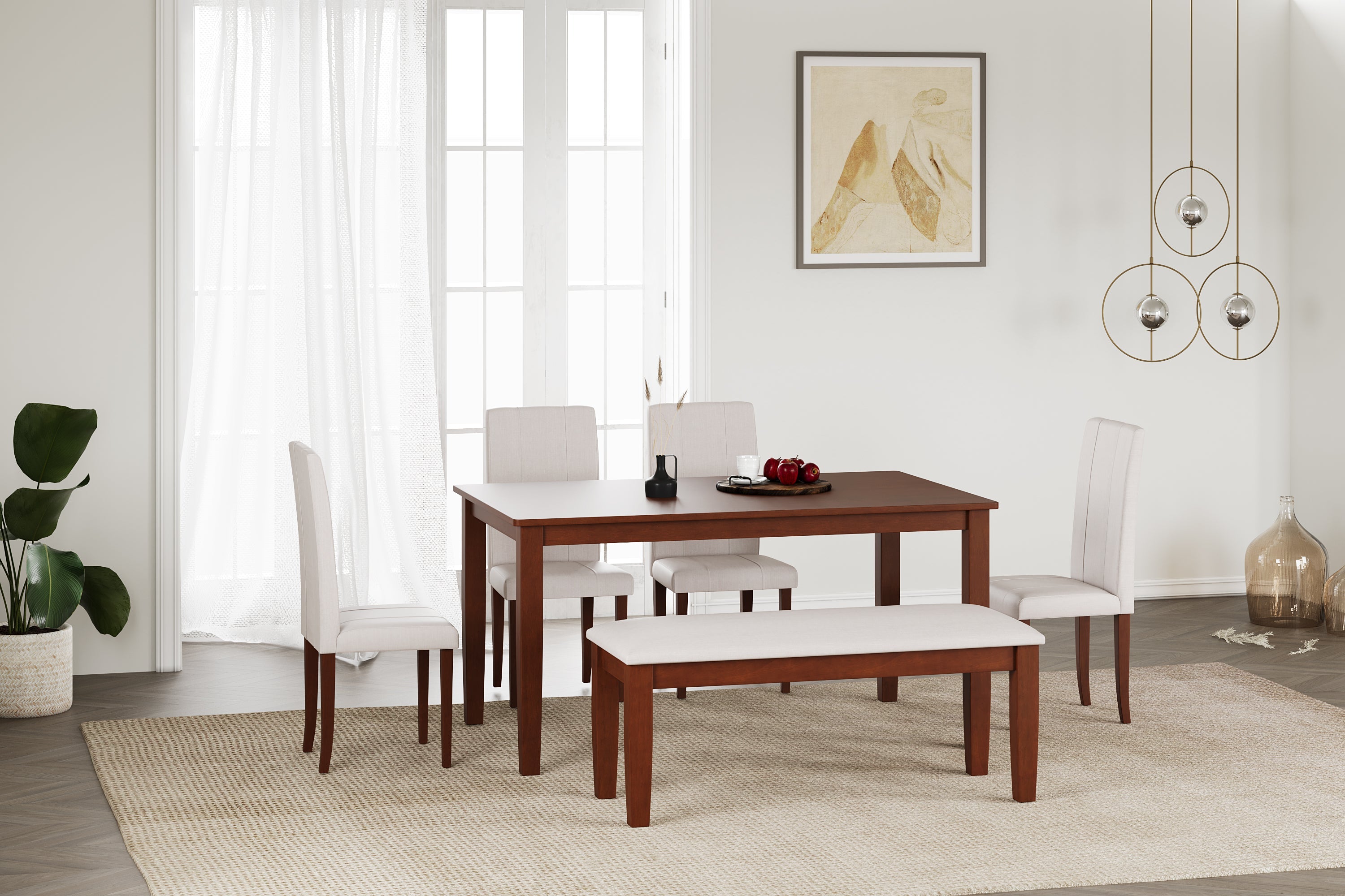 Premium Elderberry Rubber Wood 6-Seater Dining Table | 4-Fully Cushioned Fabric Dining Chairs | 1-Cushioned Fabric Dining Bench in Walnut Finish