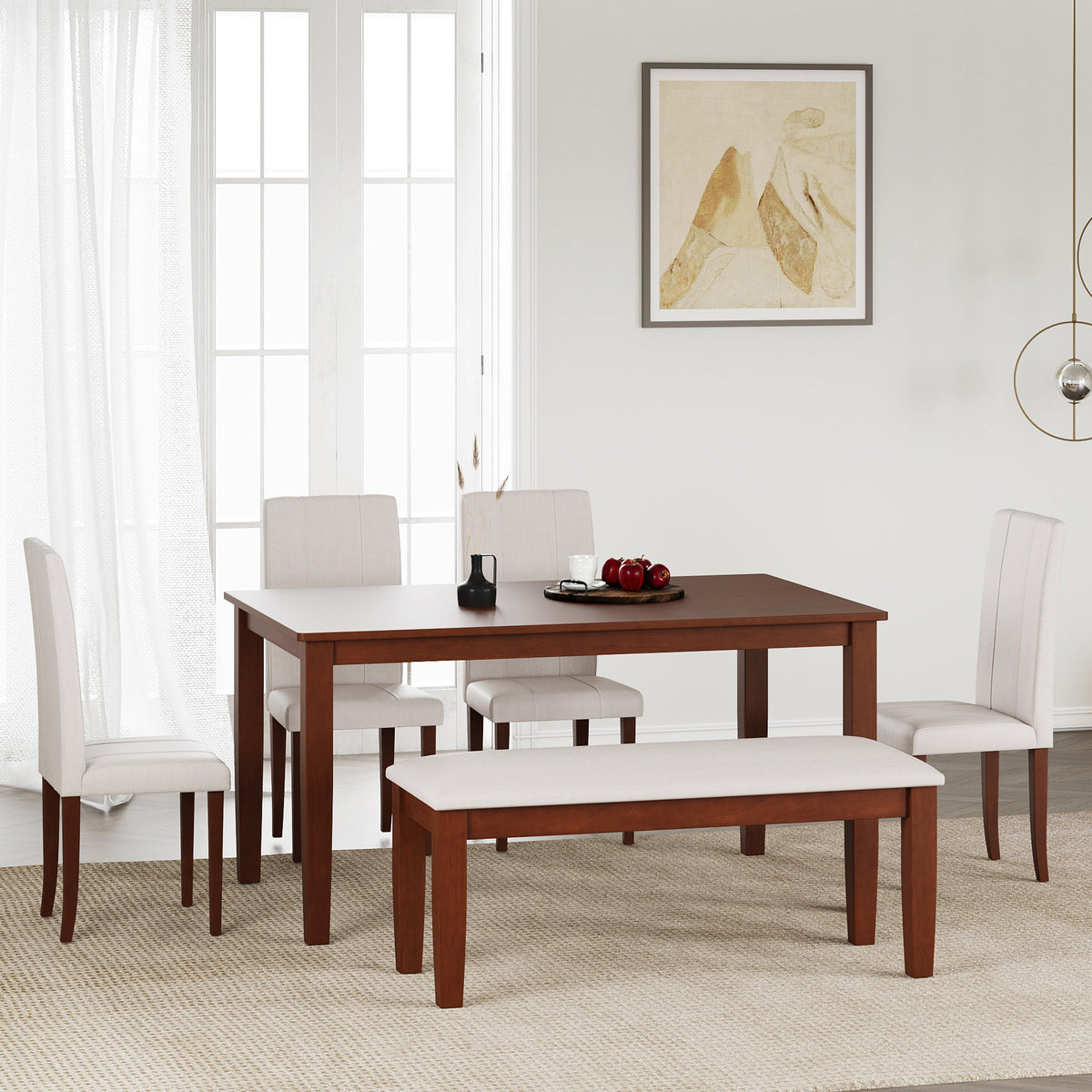 Premium Elderberry Rubber Wood 6-Seater Dining Table | 4-Fully Cushioned Fabric Dining Chairs | 1-Cushioned Fabric Dining Bench in Walnut Finish