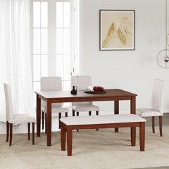 Premium Elderberry Rubber Wood 6-Seater Dining Table | 4-Fully Cushioned Fabric Dining Chairs | 1-Cushioned Fabric Dining Bench in Walnut Finish