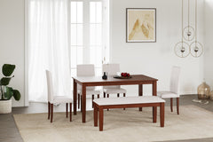 Premium Elderberry Rubber Wood 6-Seater Dining Table | 4-Fully Cushioned Fabric Dining Chairs | 1-Cushioned Fabric Dining Bench in Walnut Finish