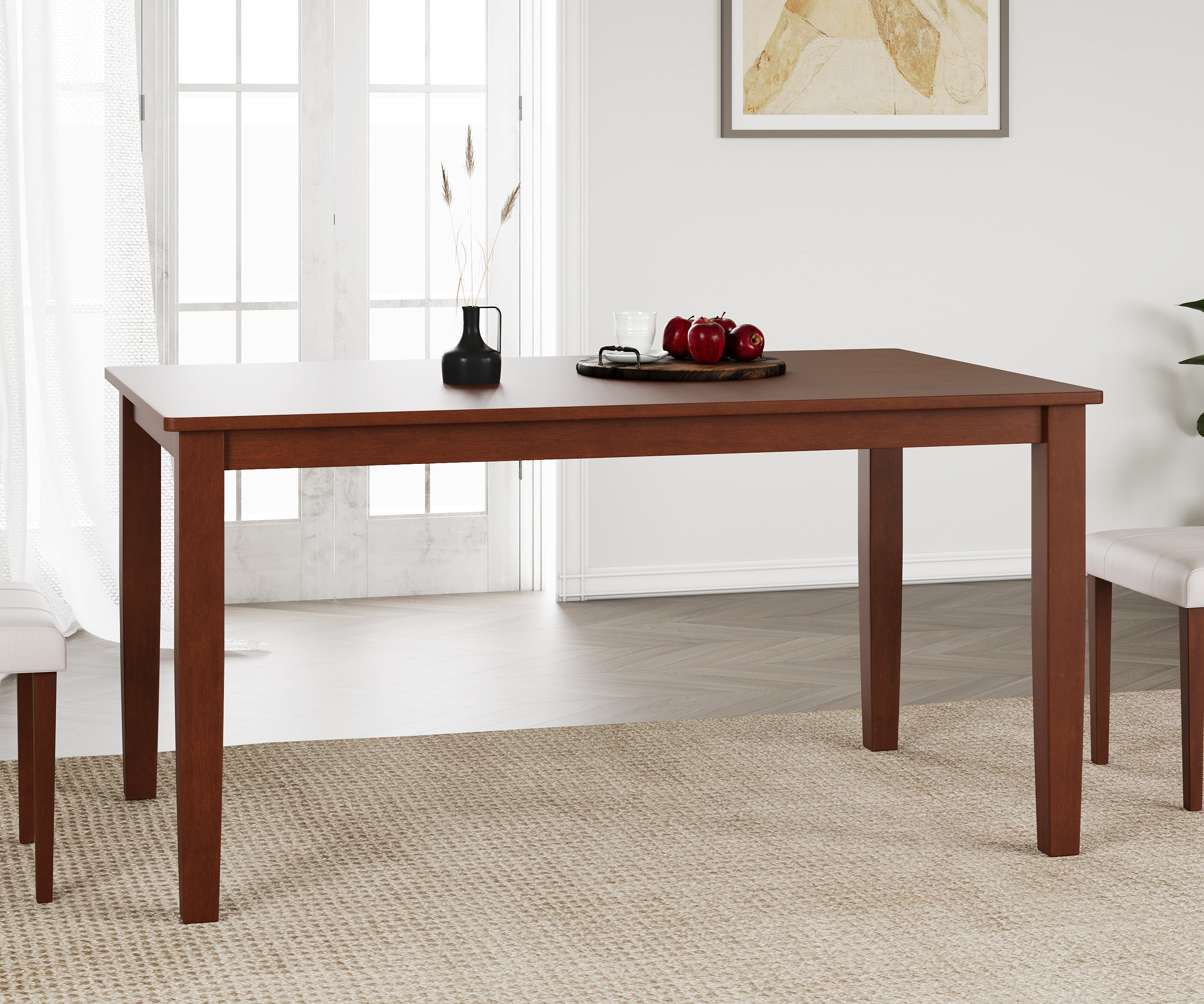 Premium Elderberry Rubber Wood 6-Seater Dining Table | 4-Fully Cushioned Fabric Dining Chairs | 1-Cushioned Fabric Dining Bench in Walnut Finish
