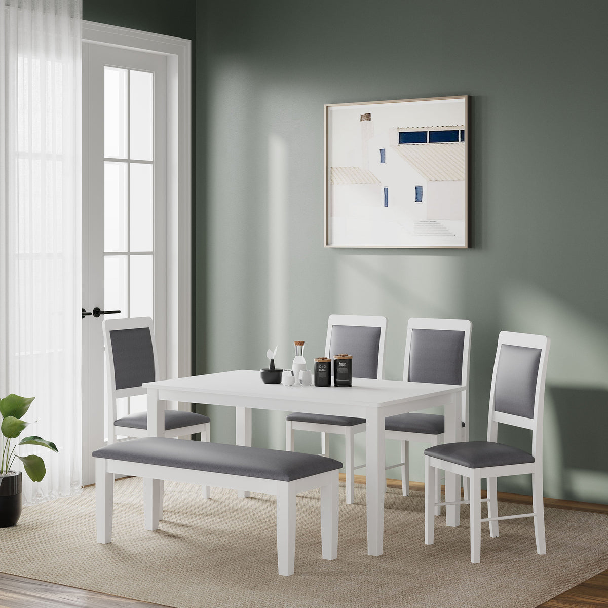 Prime Elderberry Solid Rubber Wood 6-Seater Dining Table | 4-Cushioned Fabric Dining Chairs | 1-Cushioned Fabric Dining Bench in White Finish