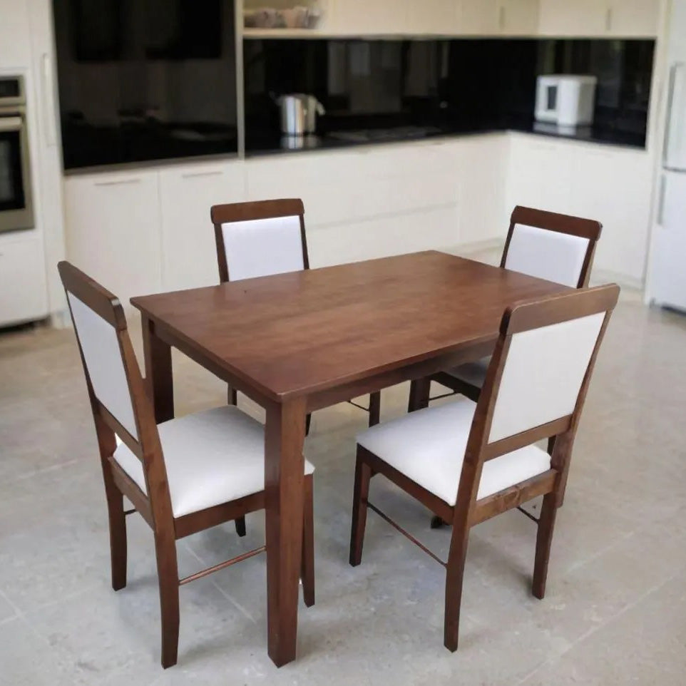 PREMIUM Mulberry Solid Wood 4-Seater Dining Table | 4-Cushioned Fabric Dining Chair in Walnut Finish