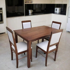 PREMIUM Mulberry Solid Wood 4-Seater Dining Table | 4-Cushioned Fabric Dining Chair in Walnut Finish