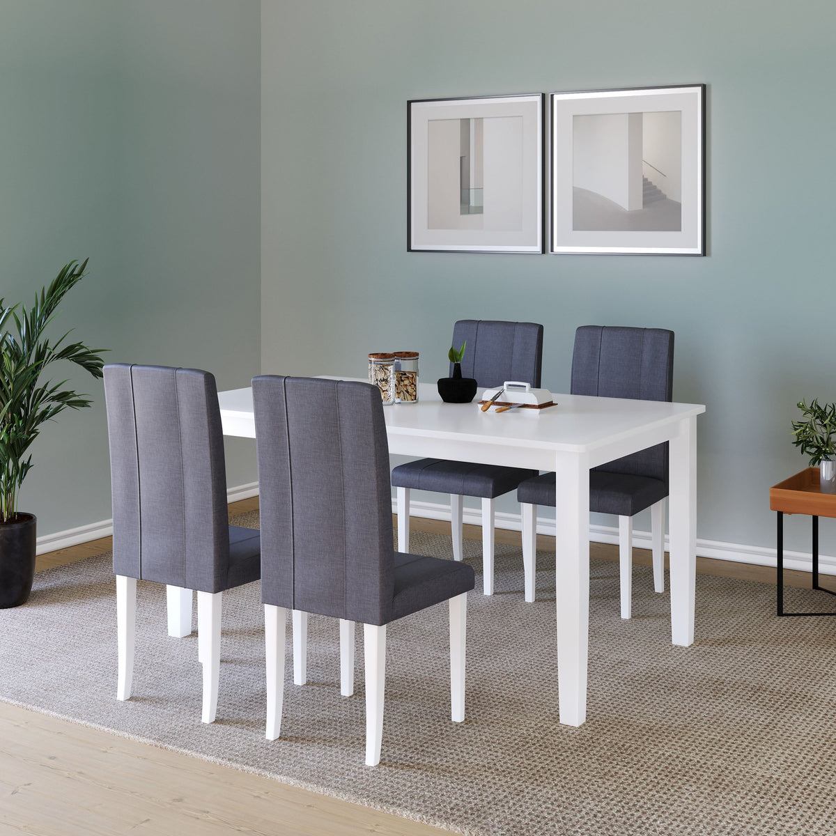 DELUXE Mulberry Solid Rubber Wood 4-Seater Dining Table | 4-Fully Cushioned Fabric Dining Chair in White Finish