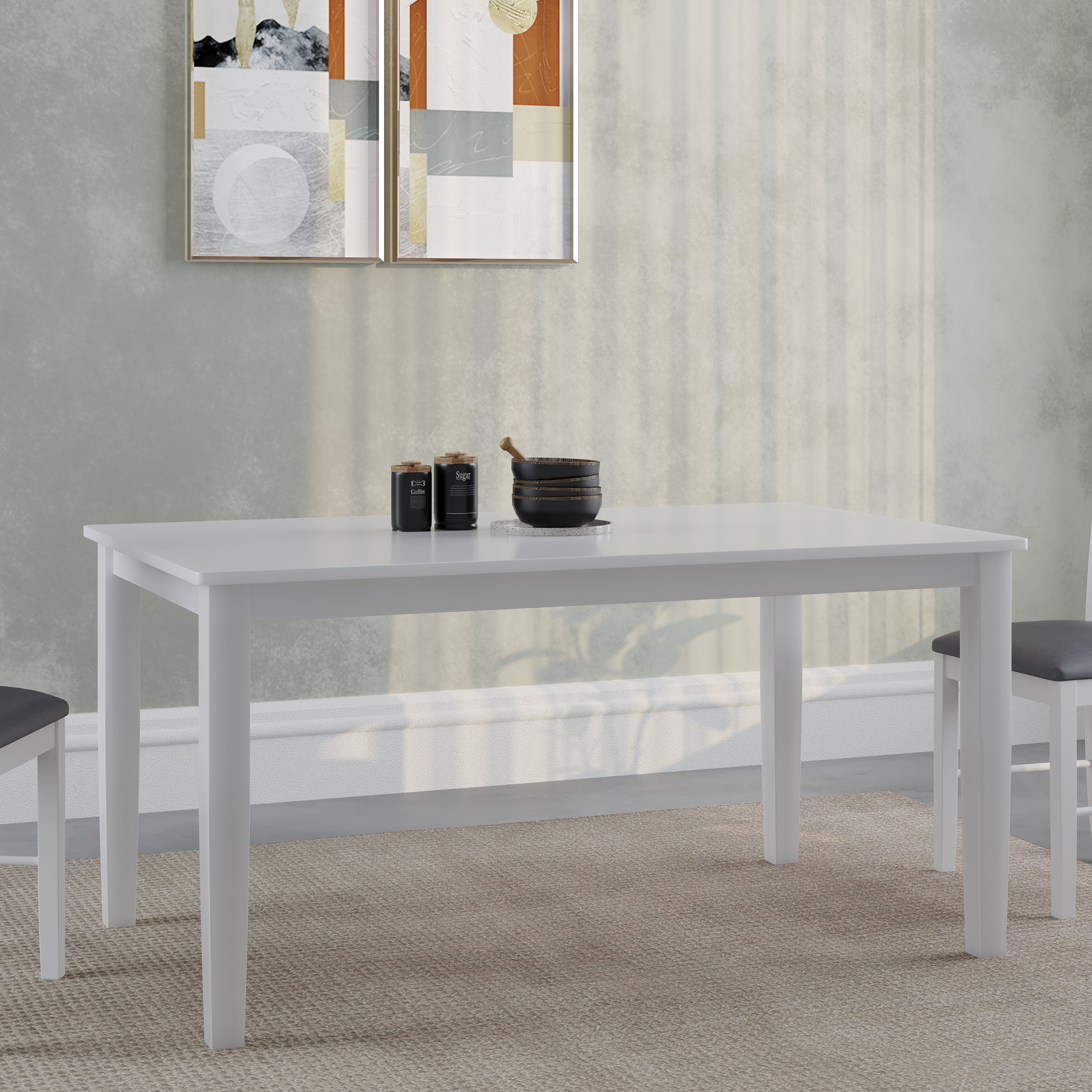 ELITE Elderberry Solid Rubber Wood 6-Seater Dining Table | 6-Fully Cushioned Fabric Dining Chairs in White Finish