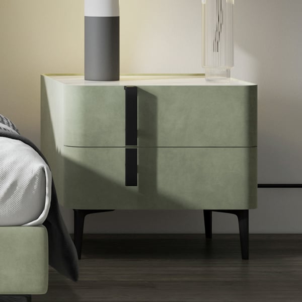 Trendy green bed side table in suede