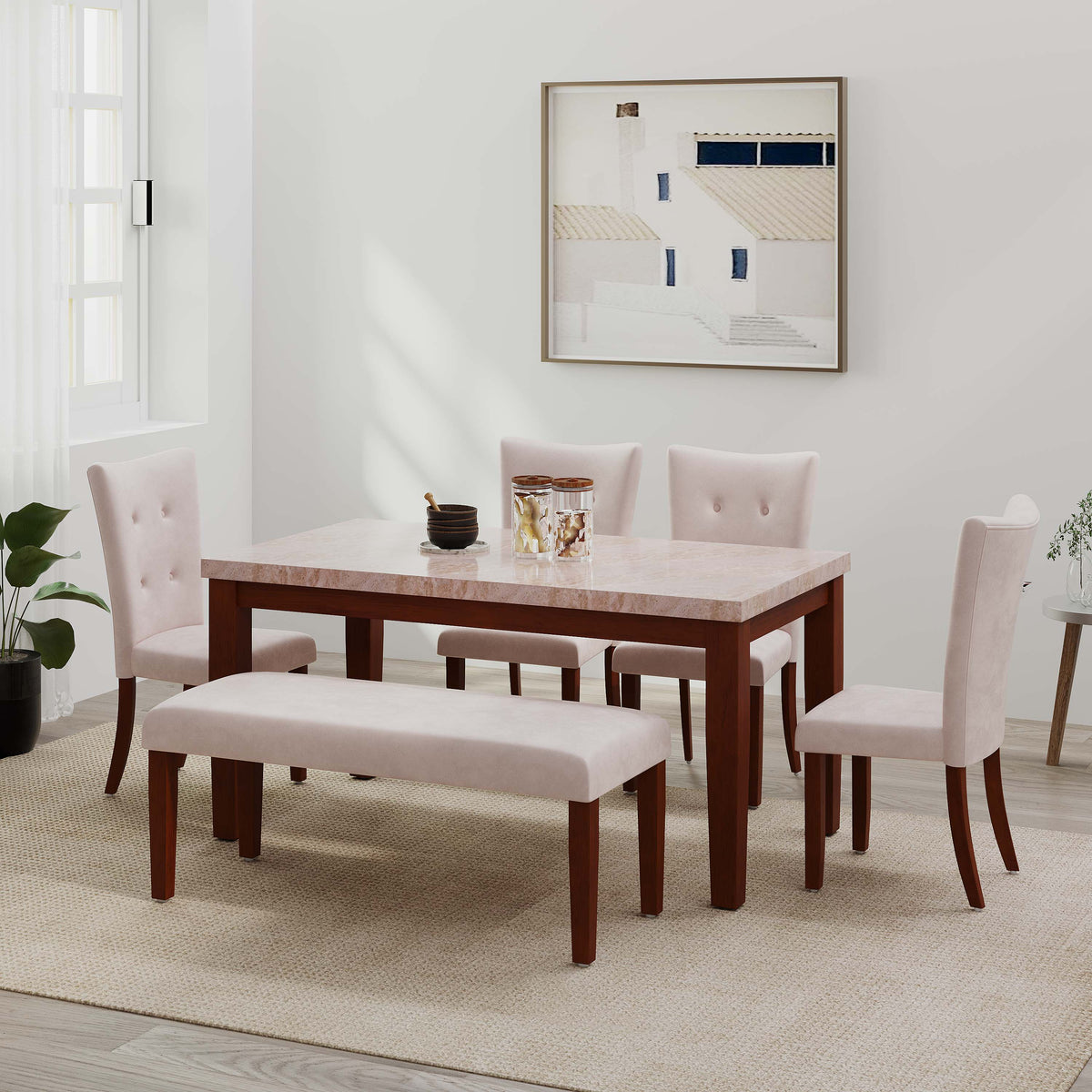 DELIGHT Anemone Solid Wood 6-Seater Marble Top Dining Table With 4 Upholstery Chairs And 1 Bench in Walnut Color