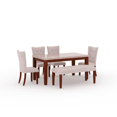 DELIGHT Anemone Solid Wood 6-Seater Marble Top Dining Table With 4 Upholstery Chairs And 1 Bench in Walnut Color