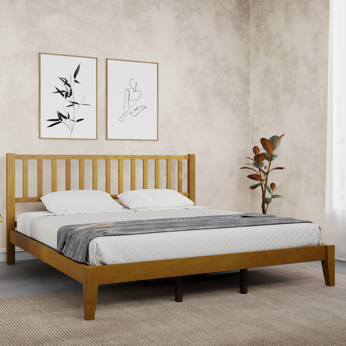 Prime Rohira Sturdy Wood Queen Size Bed Walnut Color