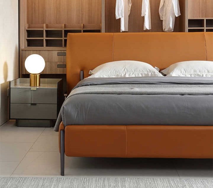 Opulent orange leatherette bed without storage