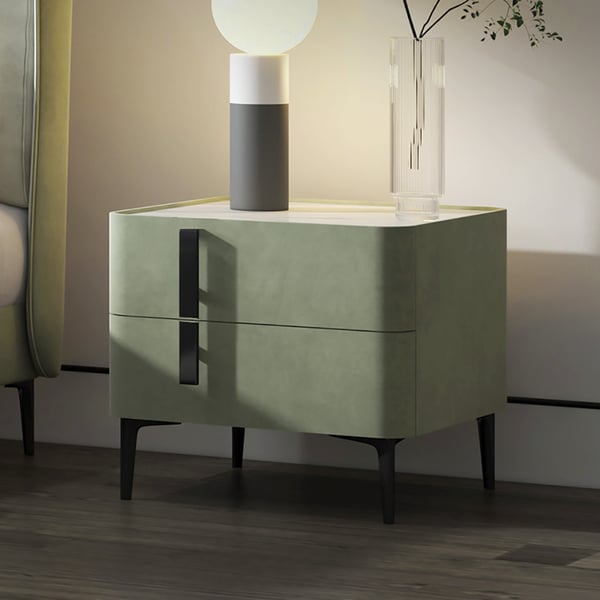 Trendy green bed side table in suede